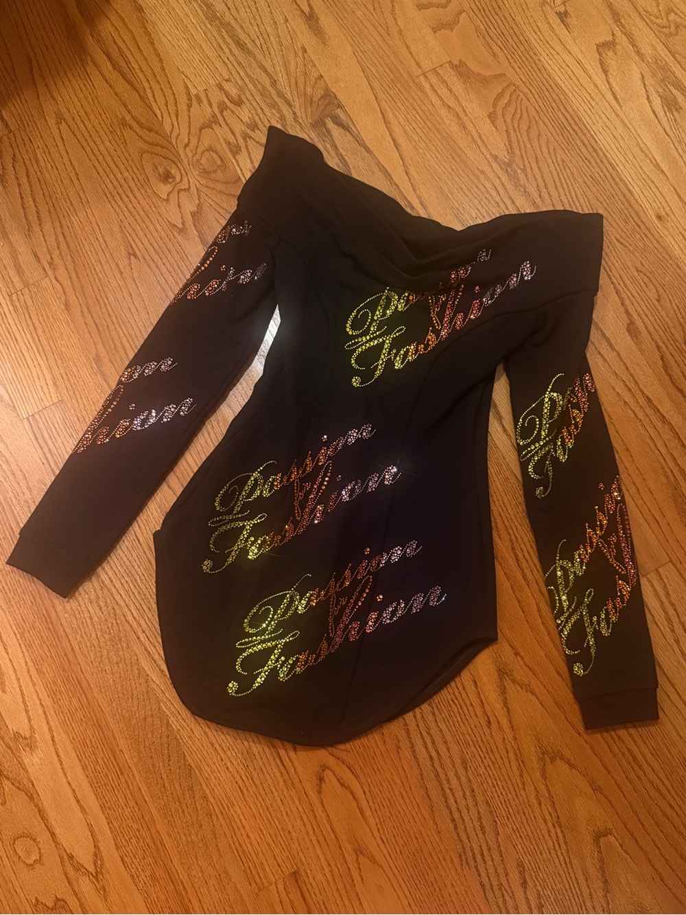 Off-Shoulder Black Rhinestone “Passion For Fashion” Script Dress by GCDSwear